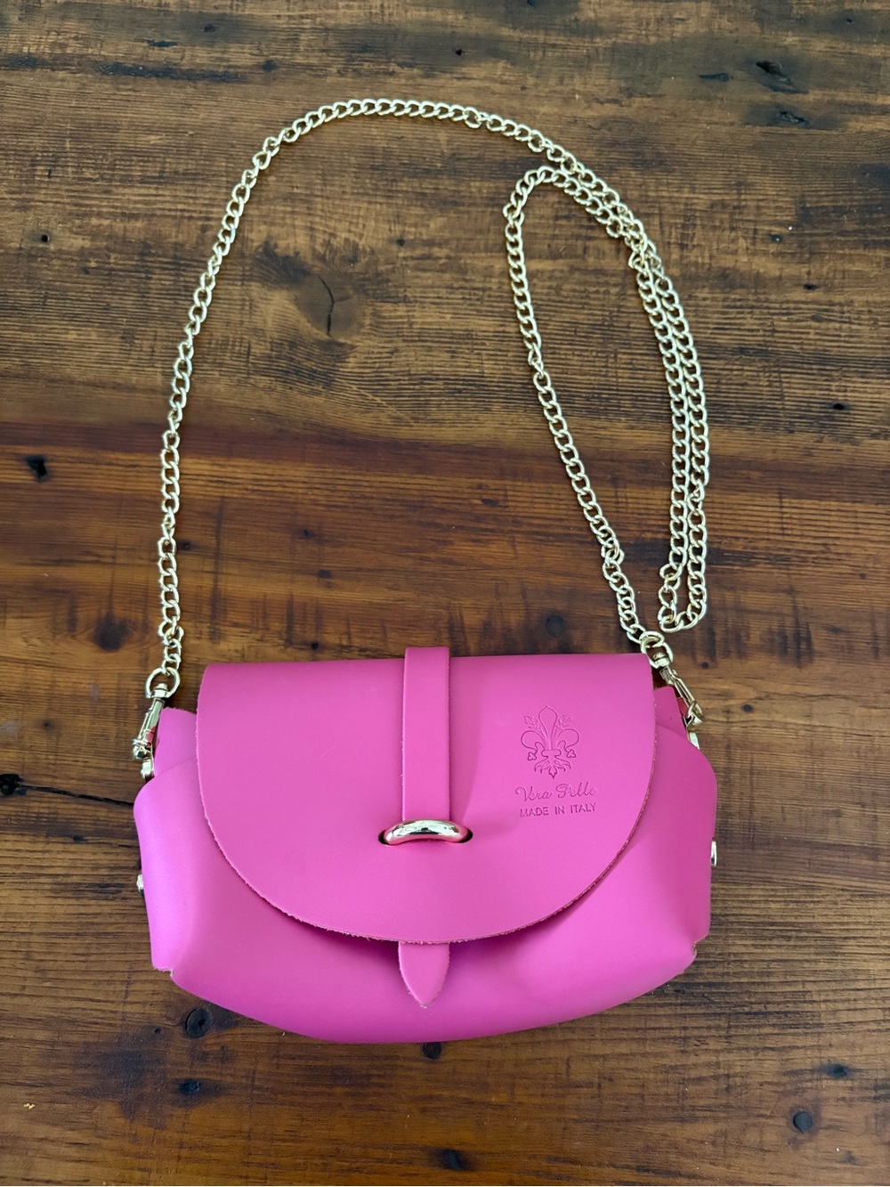 Italian Genuine Leather Florence Fuschia Hot Pink Gold Chain Mini Bag